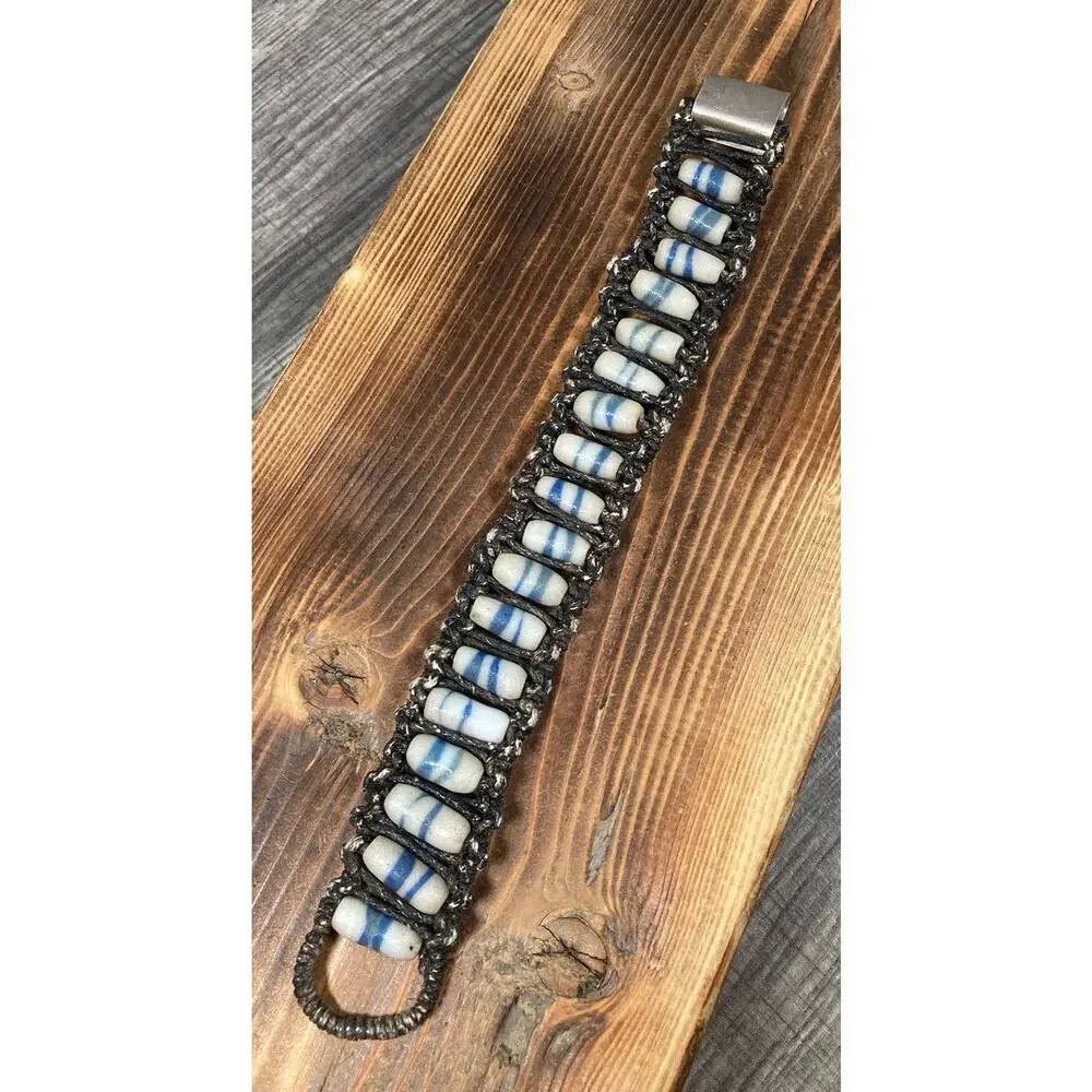 Vintage Tribal Sand Cast Beaded Ladder Woven Bracelet Silver Clasp Signed 8.25”